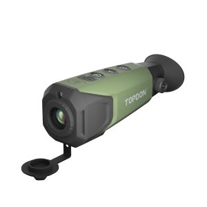 Angled view of green TOPDON TS004 thermal monocular with open front lens cover