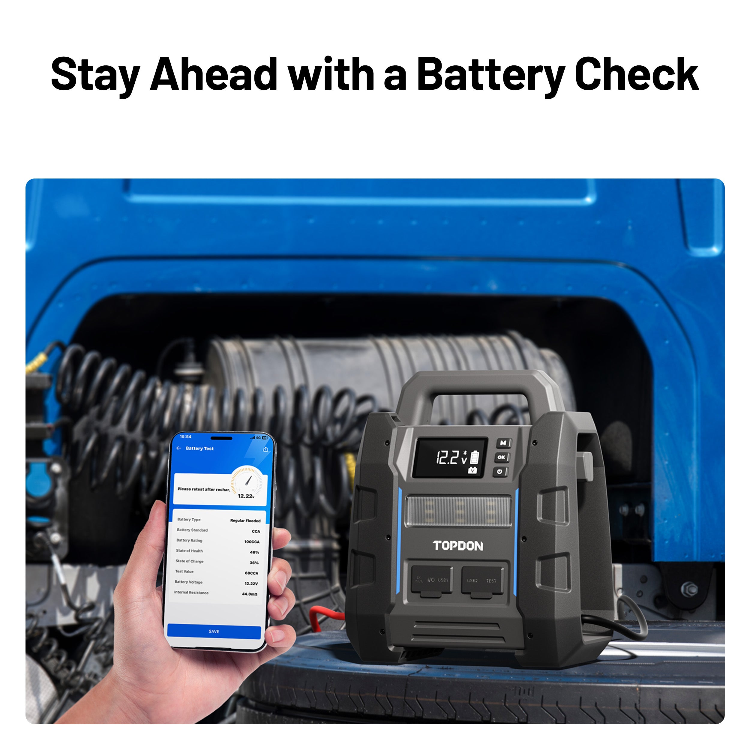 TOPDON V4500 Plus beside a truck with battery test results displayed on a phone