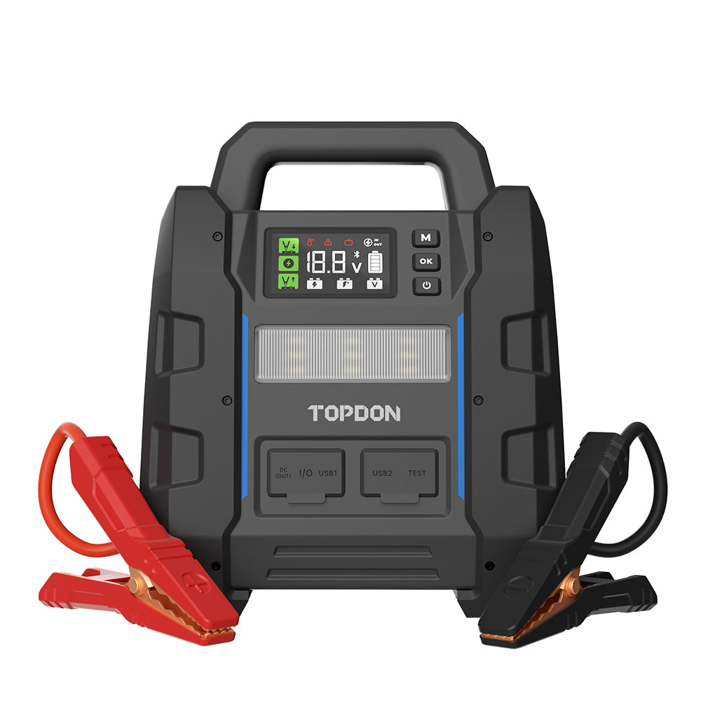 Front view of TOPDON V4500 Plus jump starter with red and black battery clamps
