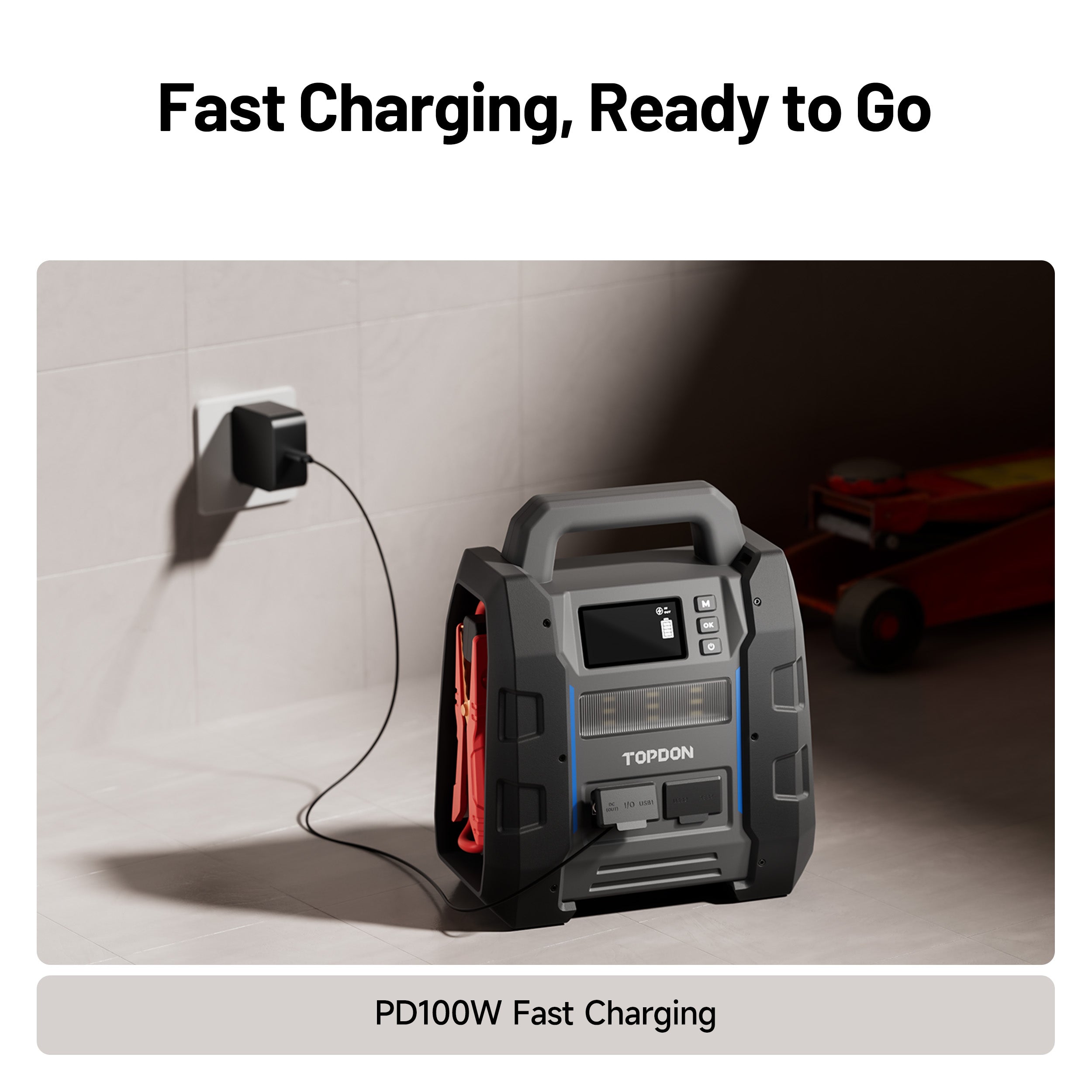TOPDON V4500 Plus charging from a wall outlet via USB-C power adapter