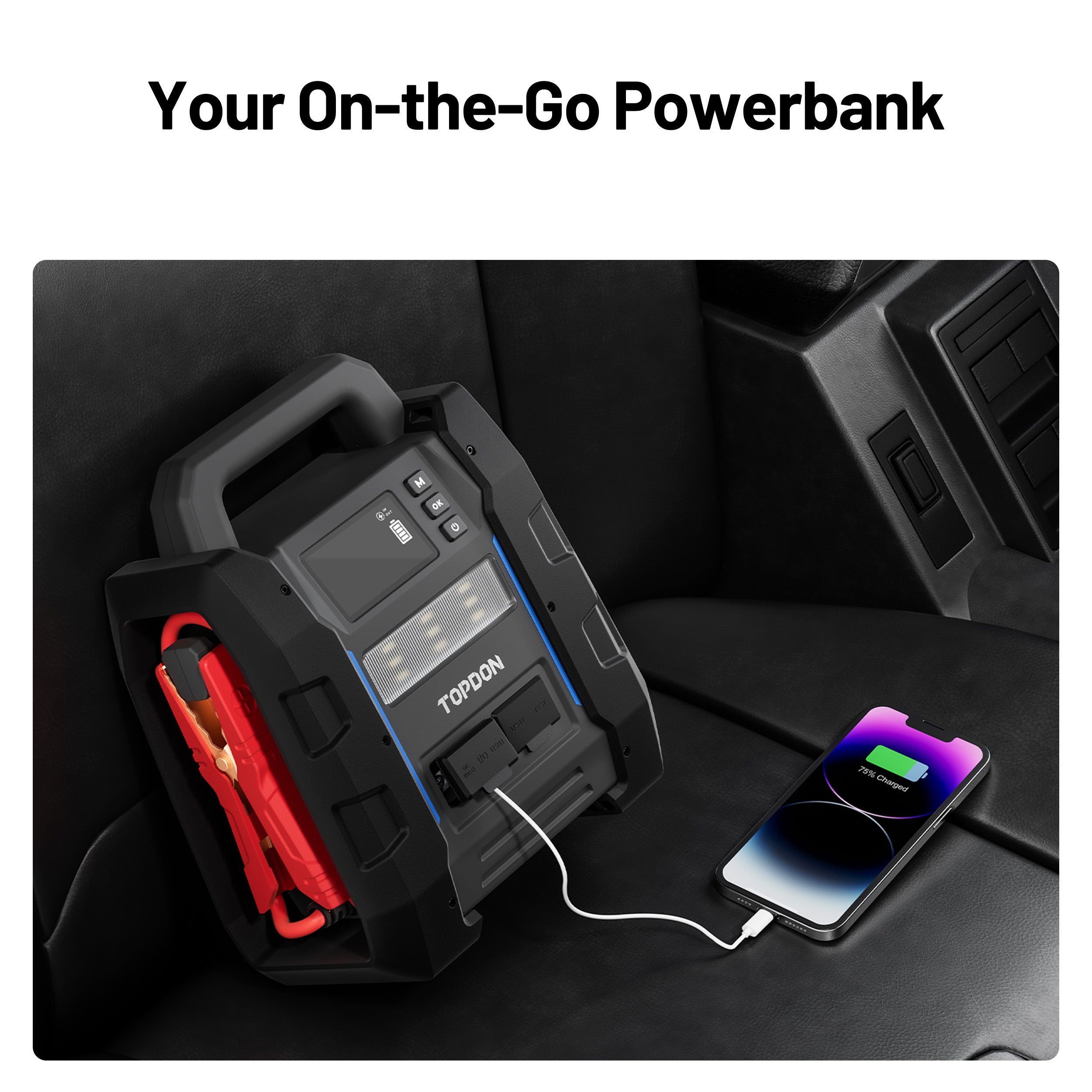 TOPDON V4500 Plus charging a smartphone inside a vehicle