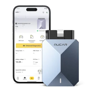 MUCAR BT200 Max Bluetooth OBD2 adapter beside its mobile app screen