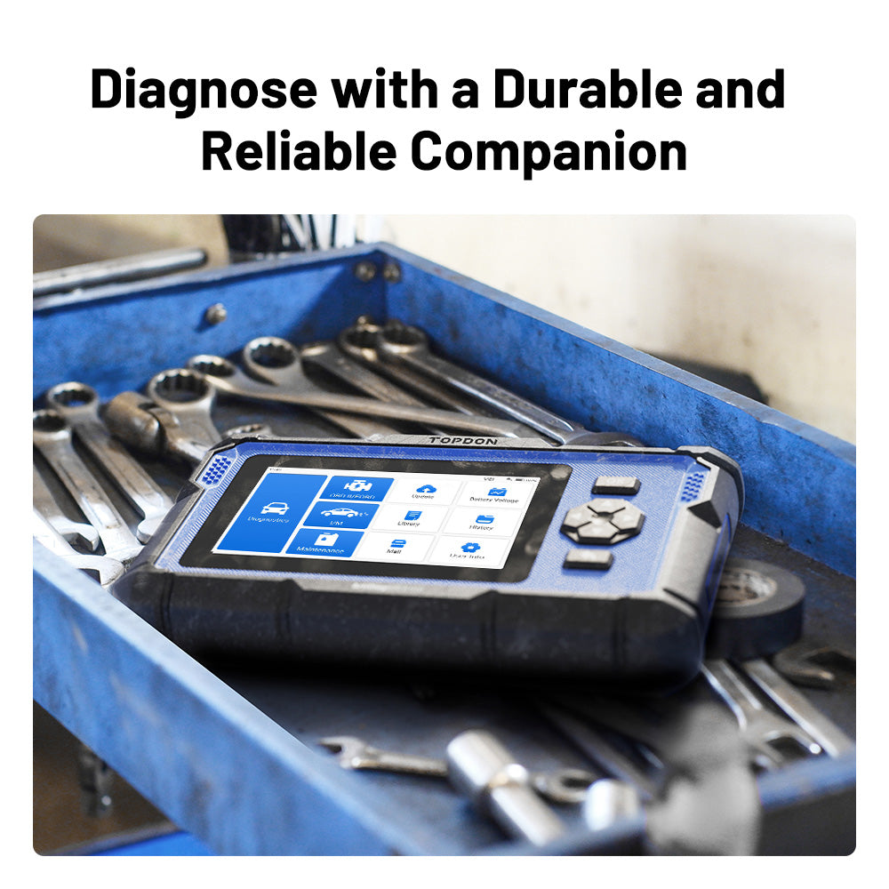 TOPDON ArtiDiag600 Elite scanner in workshop tool tray
