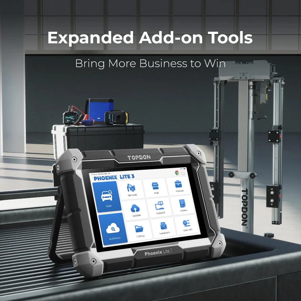 TOPDON Phoenix Lite 3 tablet with optional add-on tools graphic