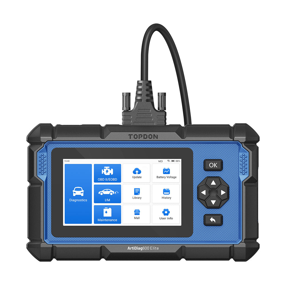 TOPDON ArtiDiag600 Elite scanner front view with wired connector