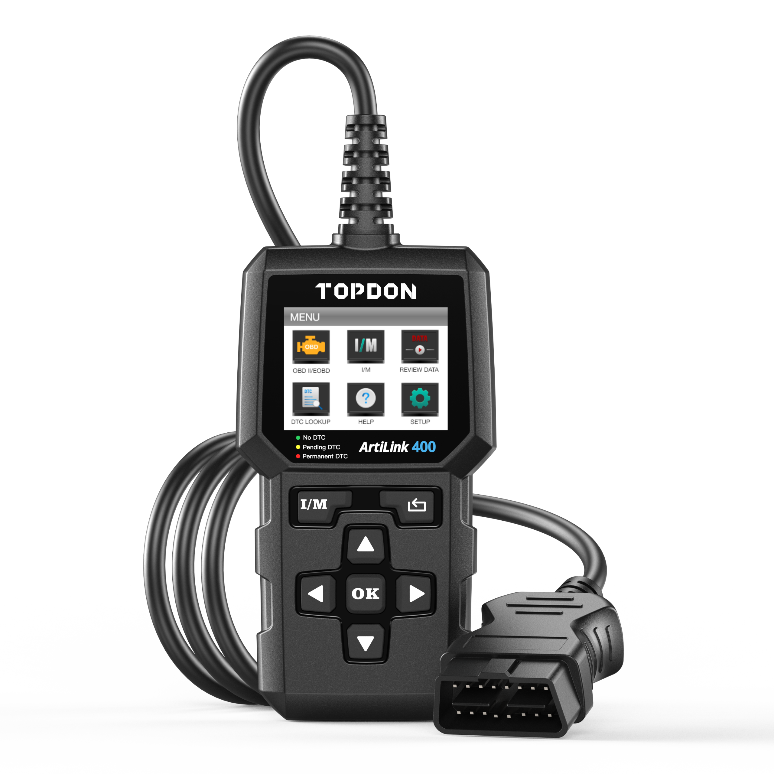 TOPDON ArtiLink400 wired OBD2 code reader with screen, cable and diagnostic connector