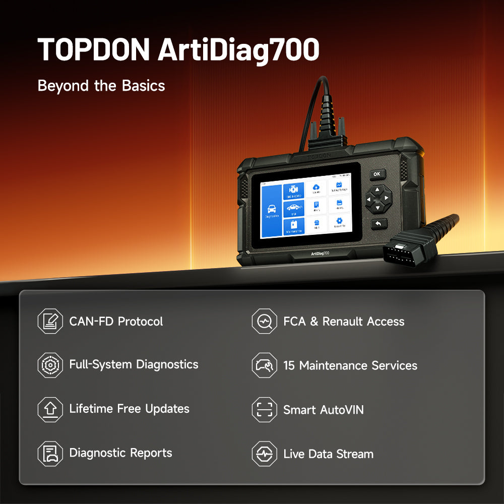 TOPDON ArtiDiag700 scanner and feature overview graphic