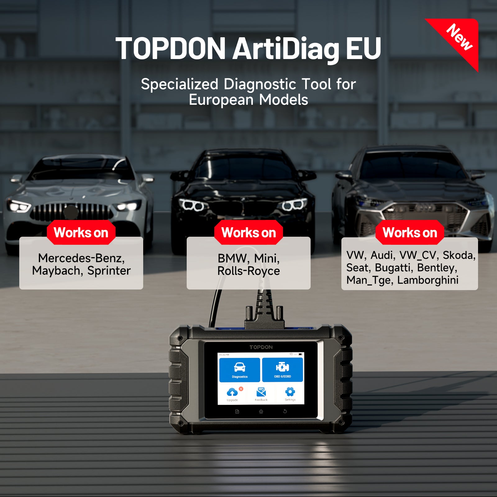 TOPDON ArtiDiag EU scanner with European vehicle brand coverage graphic