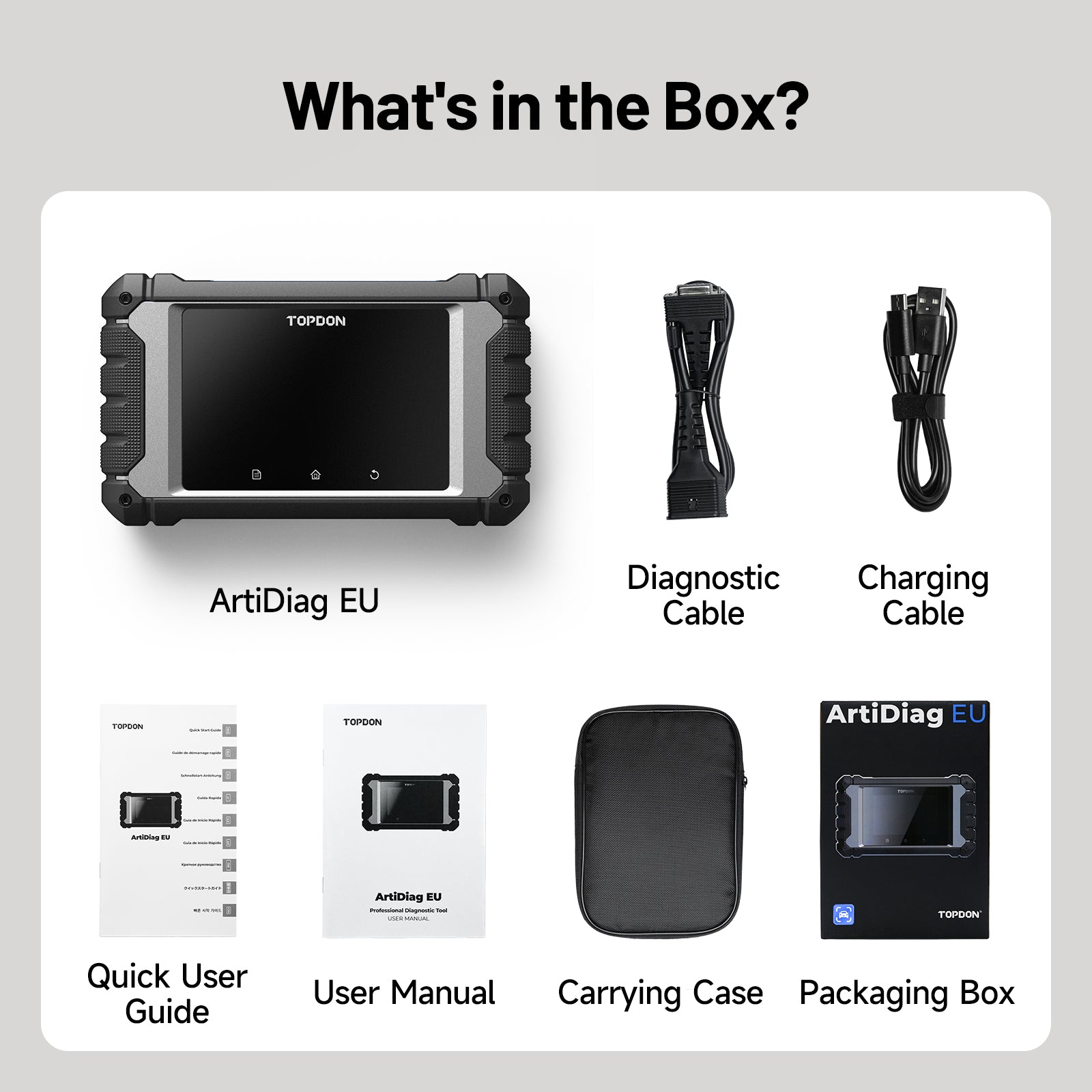 TOPDON ArtiDiag EU package with scanner, cables, manuals and carrying case