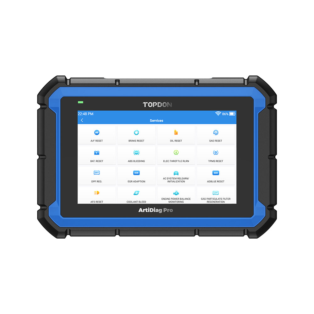 TOPDON ArtiDiag Pro diagnostic tablet front with service menu