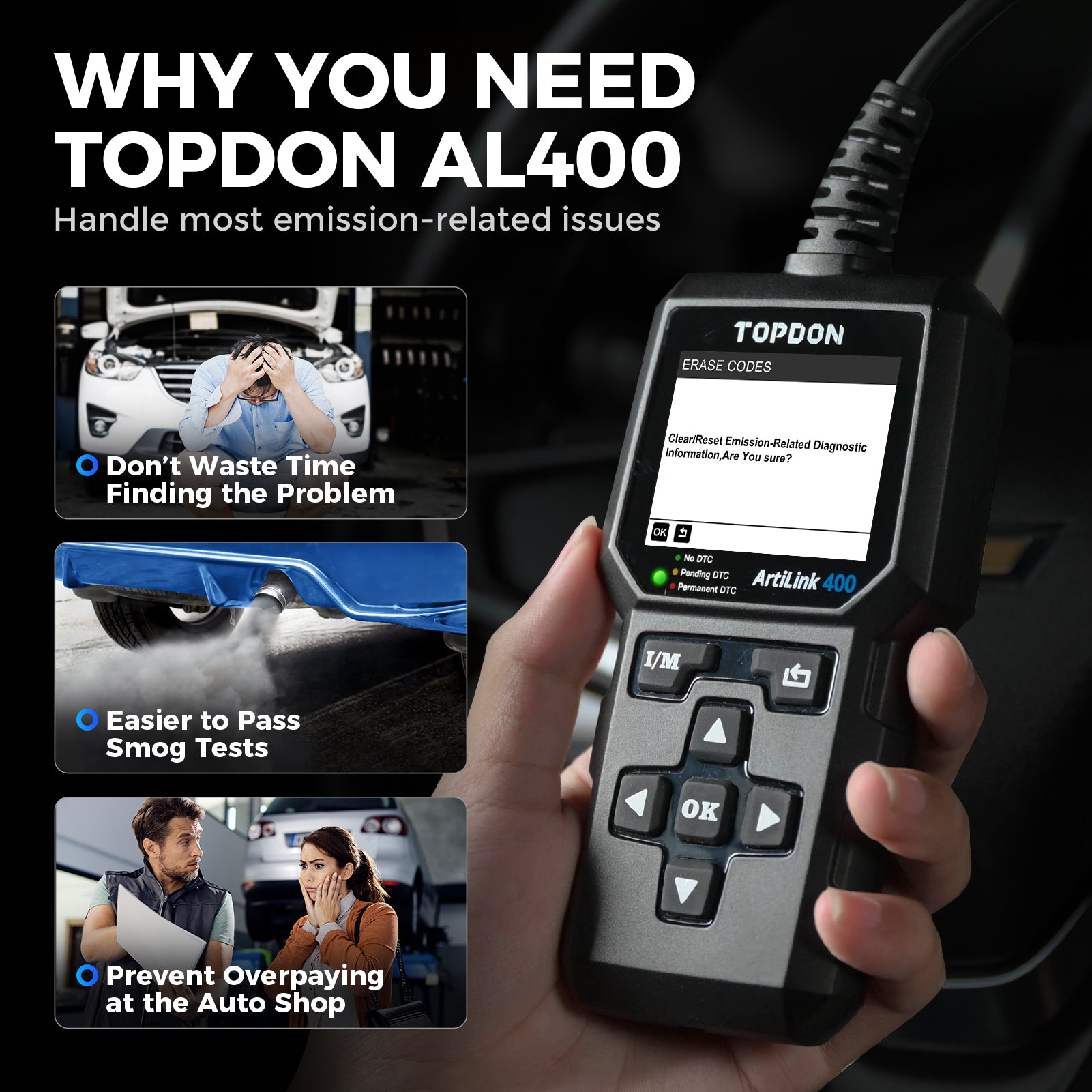 TOPDON ArtiLink400 OBD2 code reader showing erase-codes screen