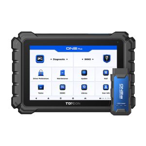 TOPDON ONE Plus diagnostic tablet showing home menu with blue J2534 VCI beside it