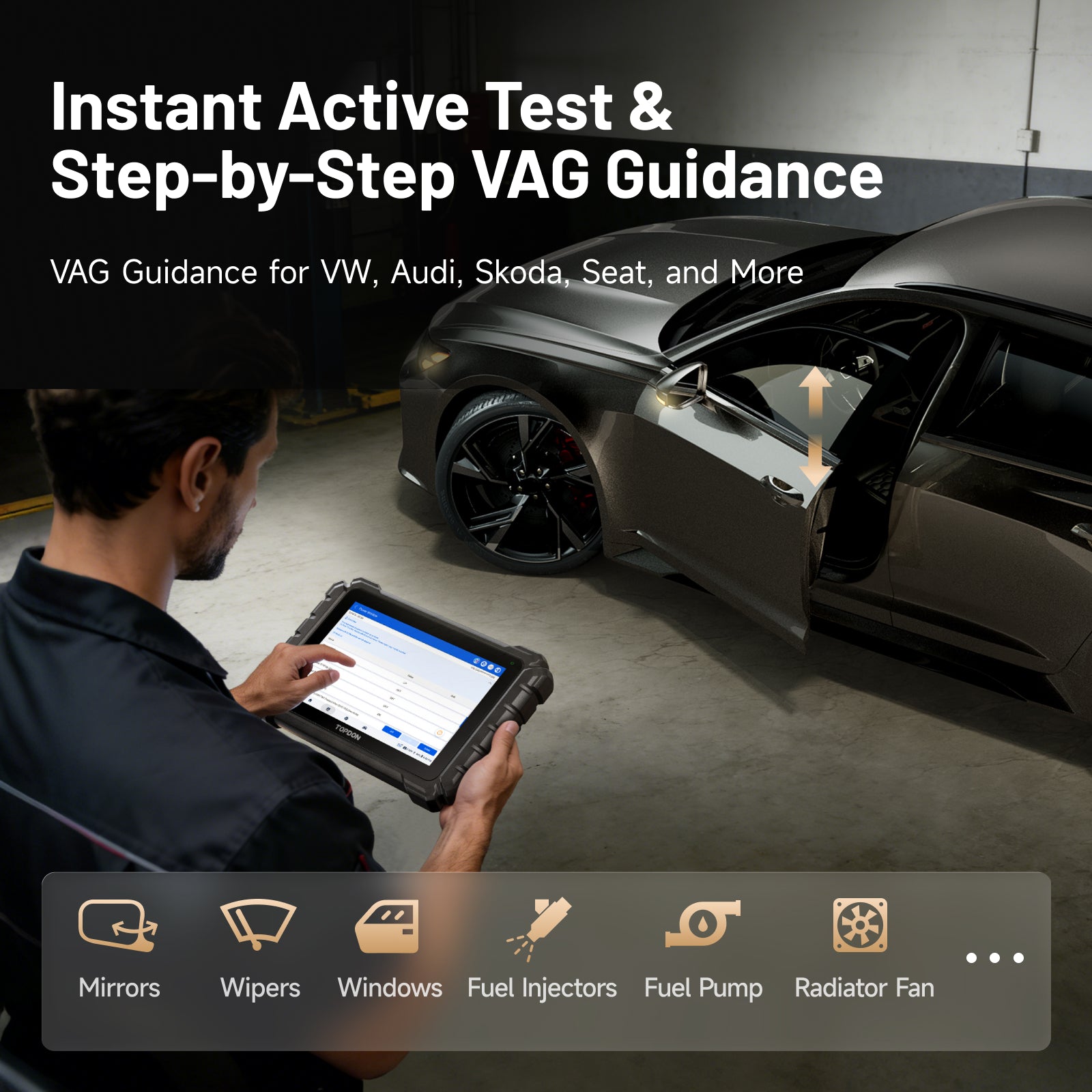 TOPDON ONE active tests and VAG guided functions graphic