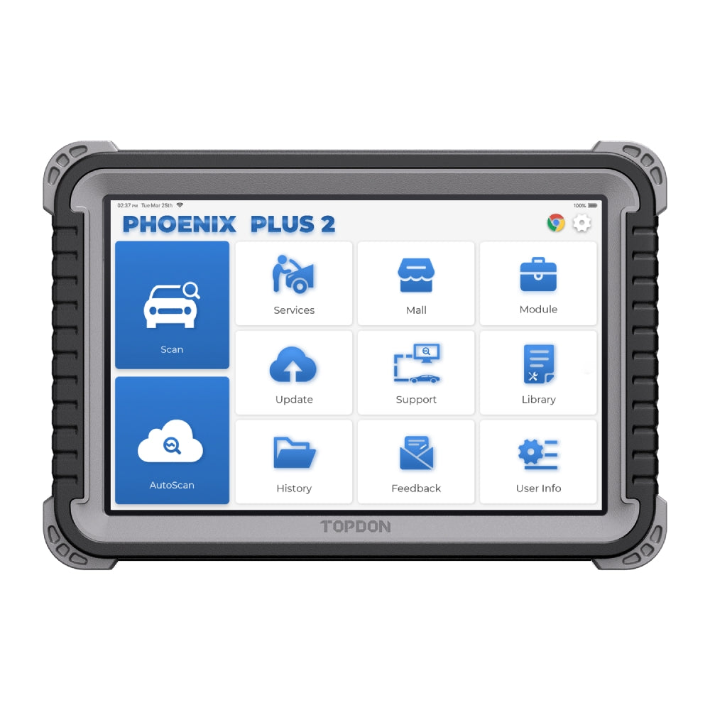TOPDON Phoenix Plus 2 diagnostic tablet front view with main menu