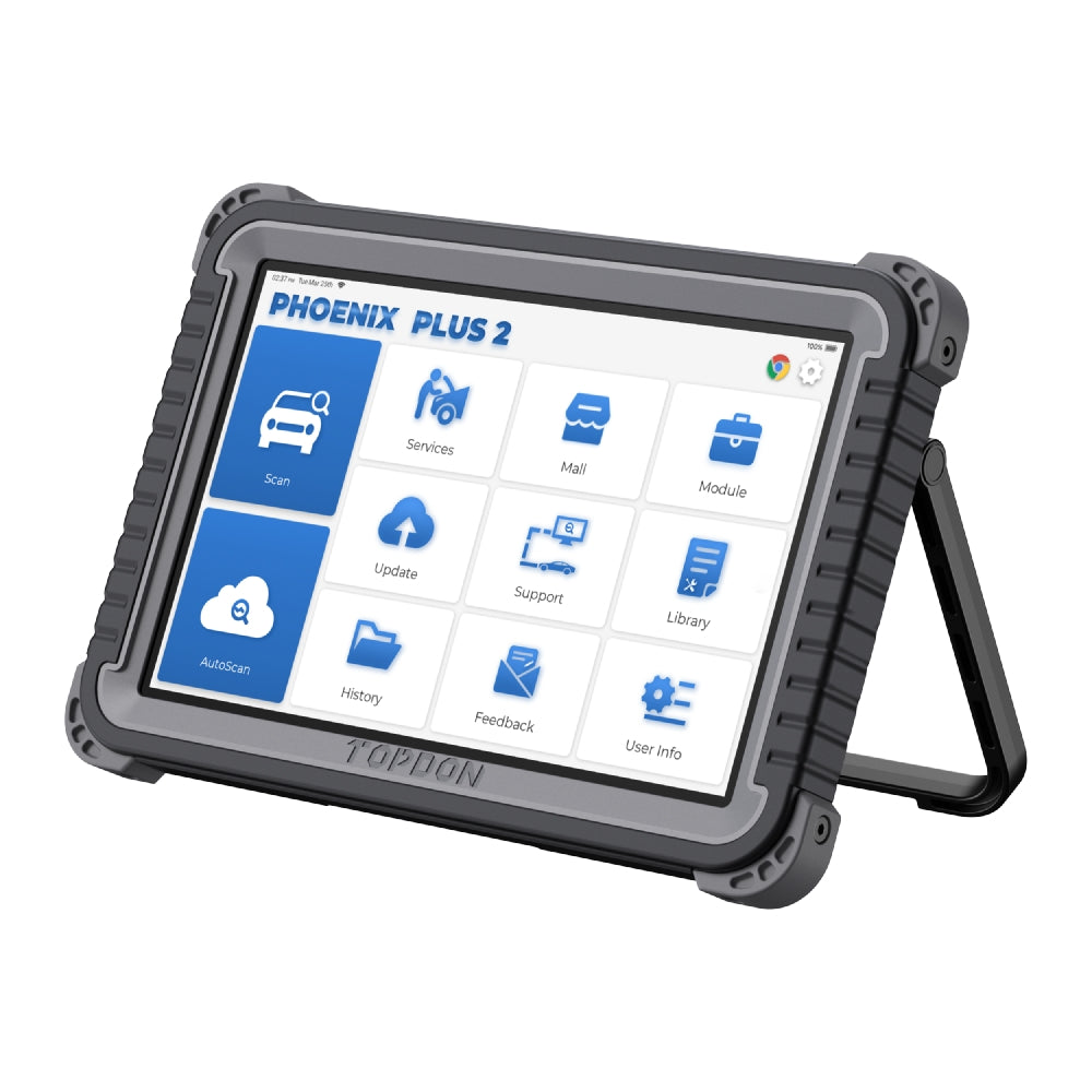 TOPDON Phoenix Plus 2 diagnostic tablet alternate angled view on stand