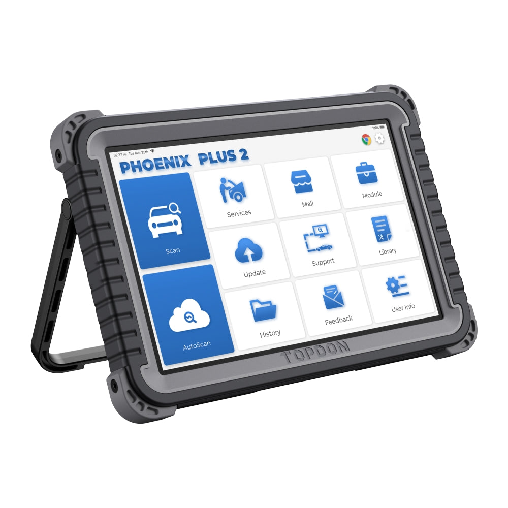 TOPDON Phoenix Plus 2 diagnostic tablet angled view on stand
