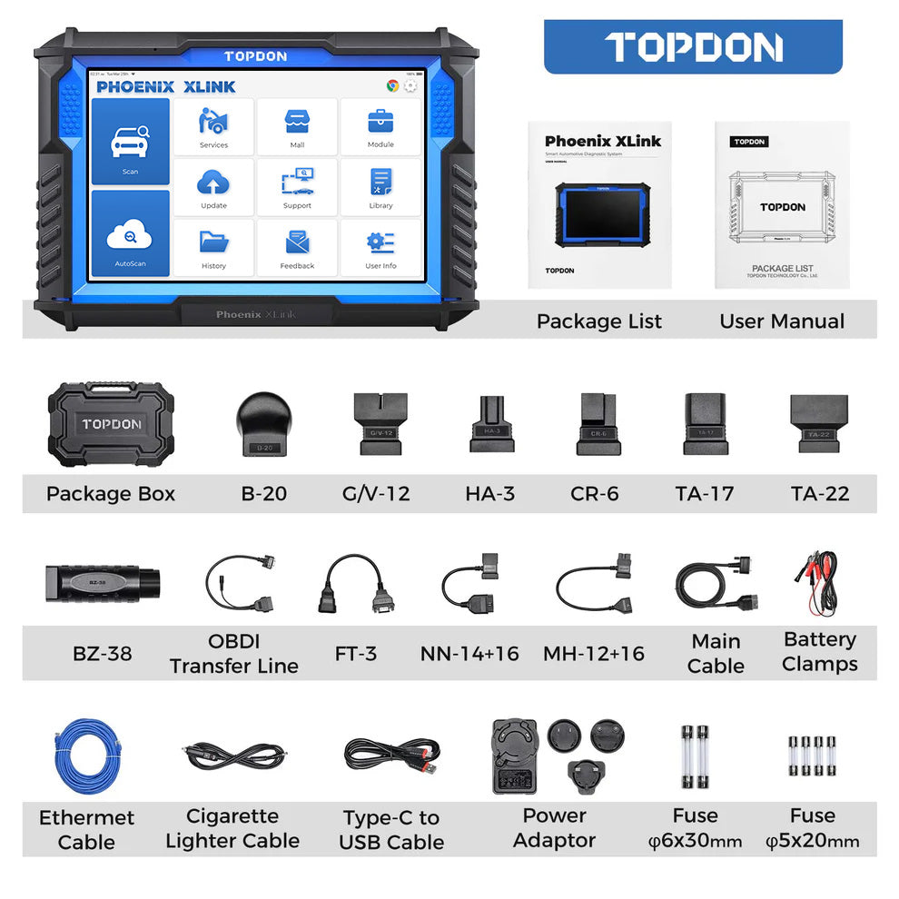TOPDON Phoenix XLink package contents with tablet, cables, clamps and adapters