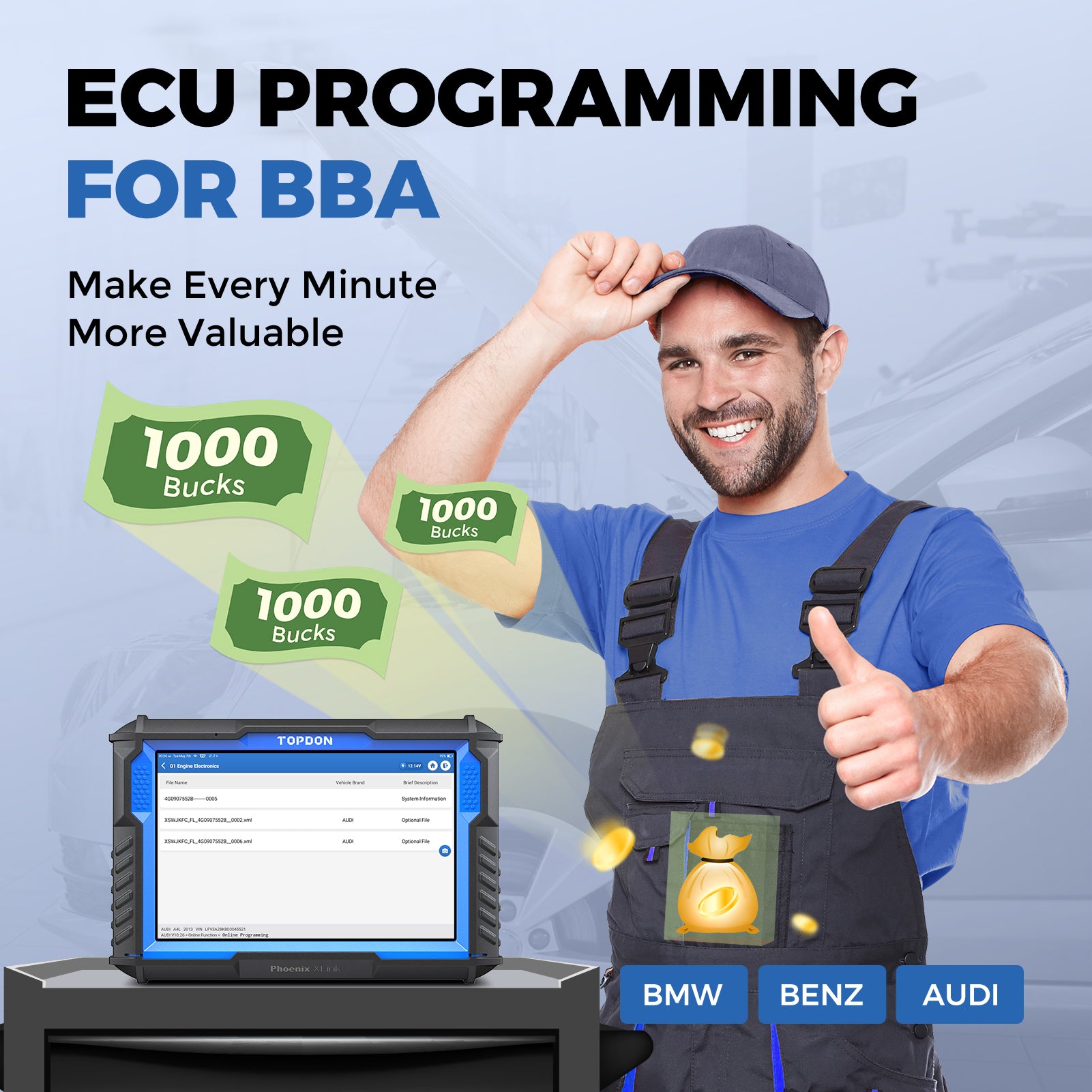 TOPDON Phoenix XLink supported ECU programming graphic for BMW, Mercedes-Benz and Audi