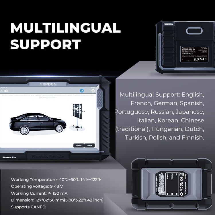 TOPDON Phoenix Elite multilingual support and VCI illustration