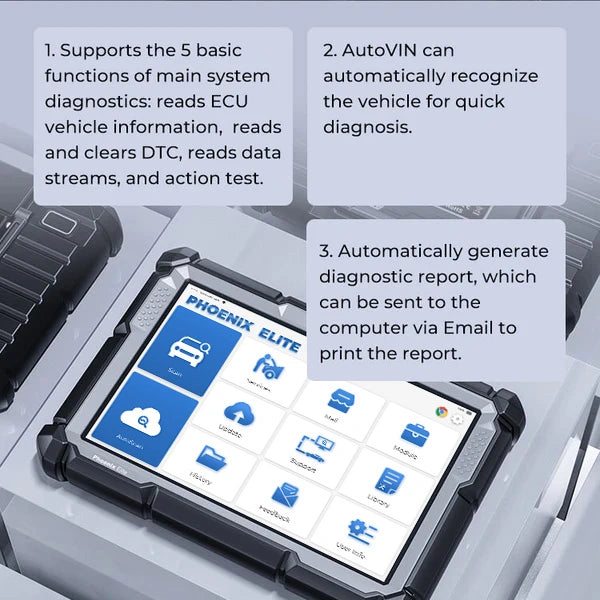 TOPDON Phoenix Elite AutoVIN and diagnostic reporting illustration
