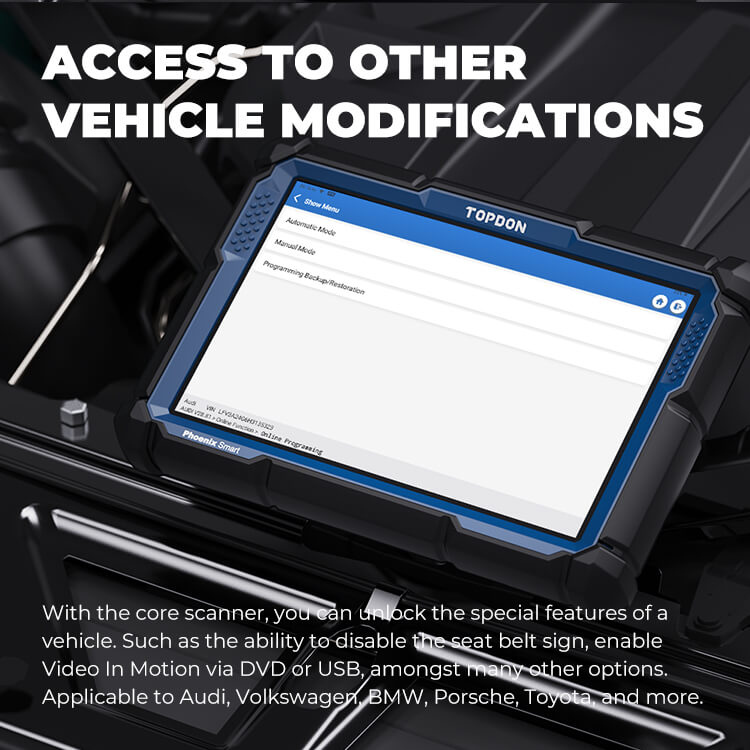 TOPDON Phoenix Smart vehicle modification menu on tablet