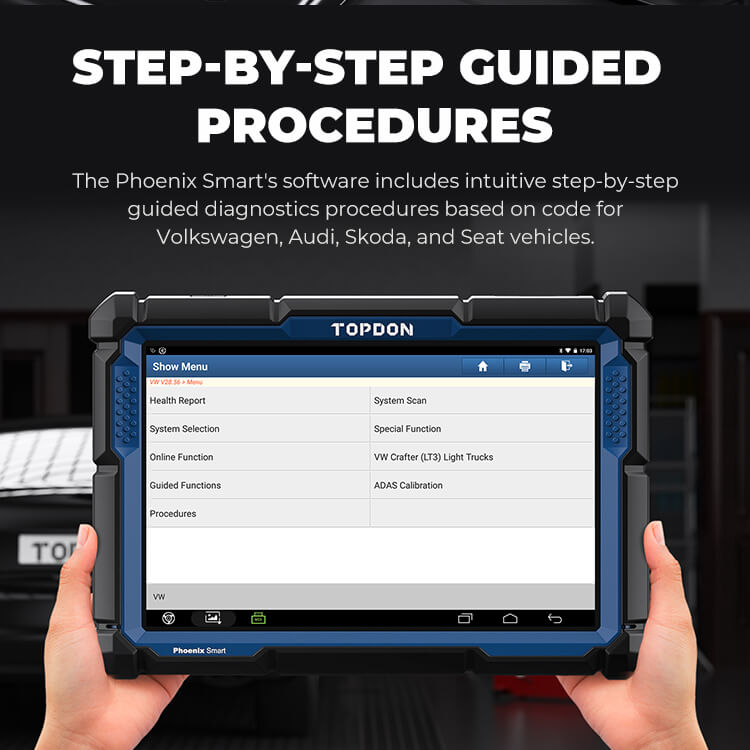 TOPDON Phoenix Smart guided procedure menu on tablet