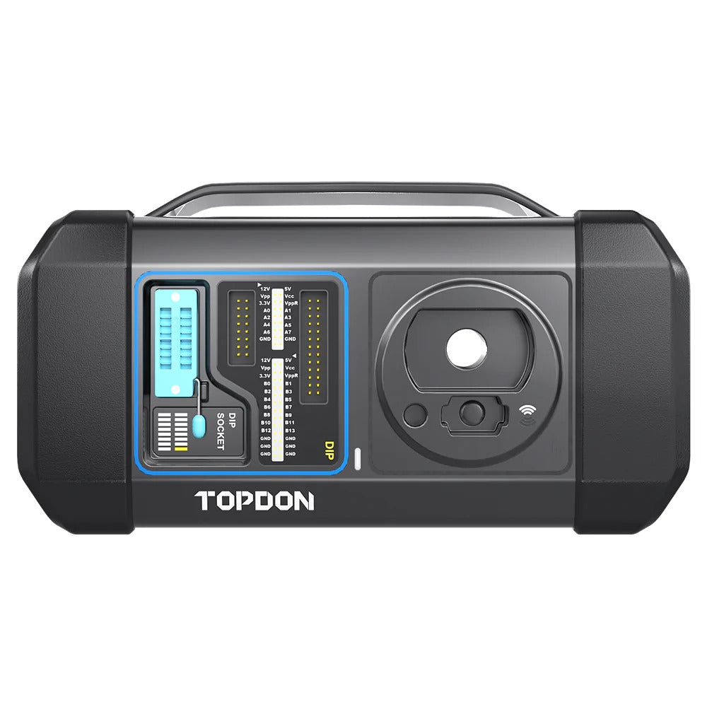 Front view of TOPDON T-Ninja Box key programmer with DIP socket and key slot