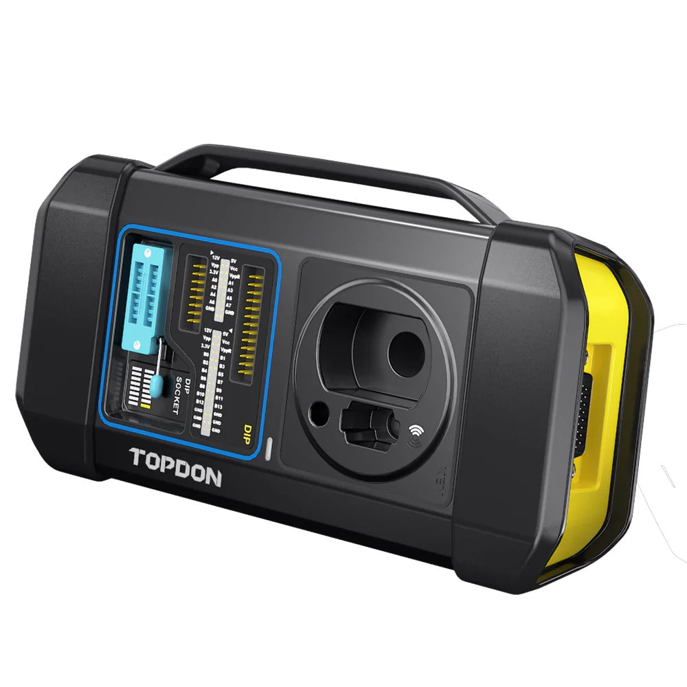 Angled view of TOPDON T-Ninja Box showing front sockets and yellow side panel
