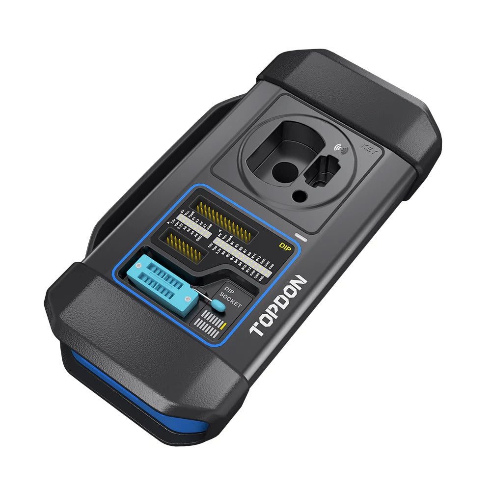 Top-angled view of TOPDON T-Ninja Box programmer and connection sockets