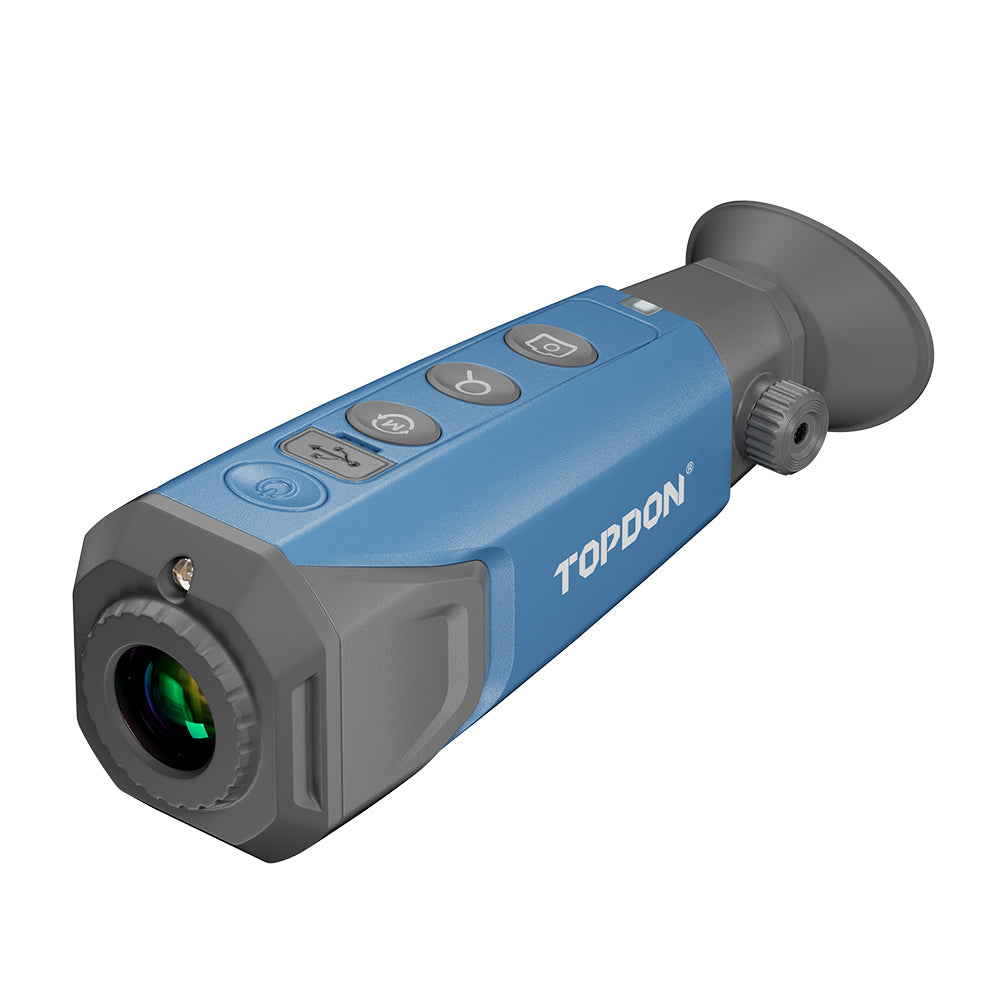 Angled view of blue TOPDON TS004 Pro thermal monocular showing front lens and top controls