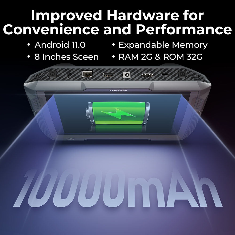 TOPDON UltraDiag tablet hardware and battery specifications graphic
