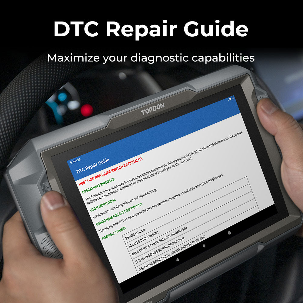 TOPDON UltraDiag DTC repair guide displayed on tablet