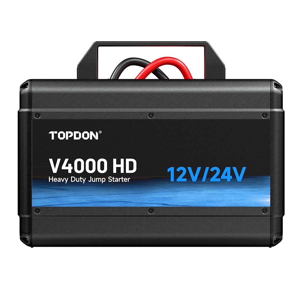 Front view of TOPDON V4000 HD 12 V and 24 V heavy-duty jump starter