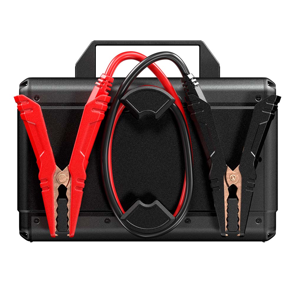 Rear view of TOPDON V4000 HD with red and black battery clamps stored on the case
