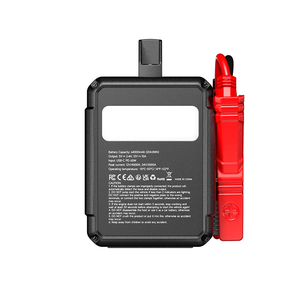 Opposite side of TOPDON V4000 HD showing work light, specifications and red clamp