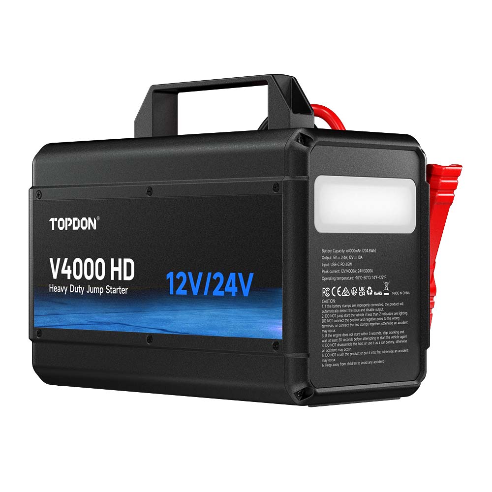 Angled view of TOPDON V4000 HD showing the front label and side work light