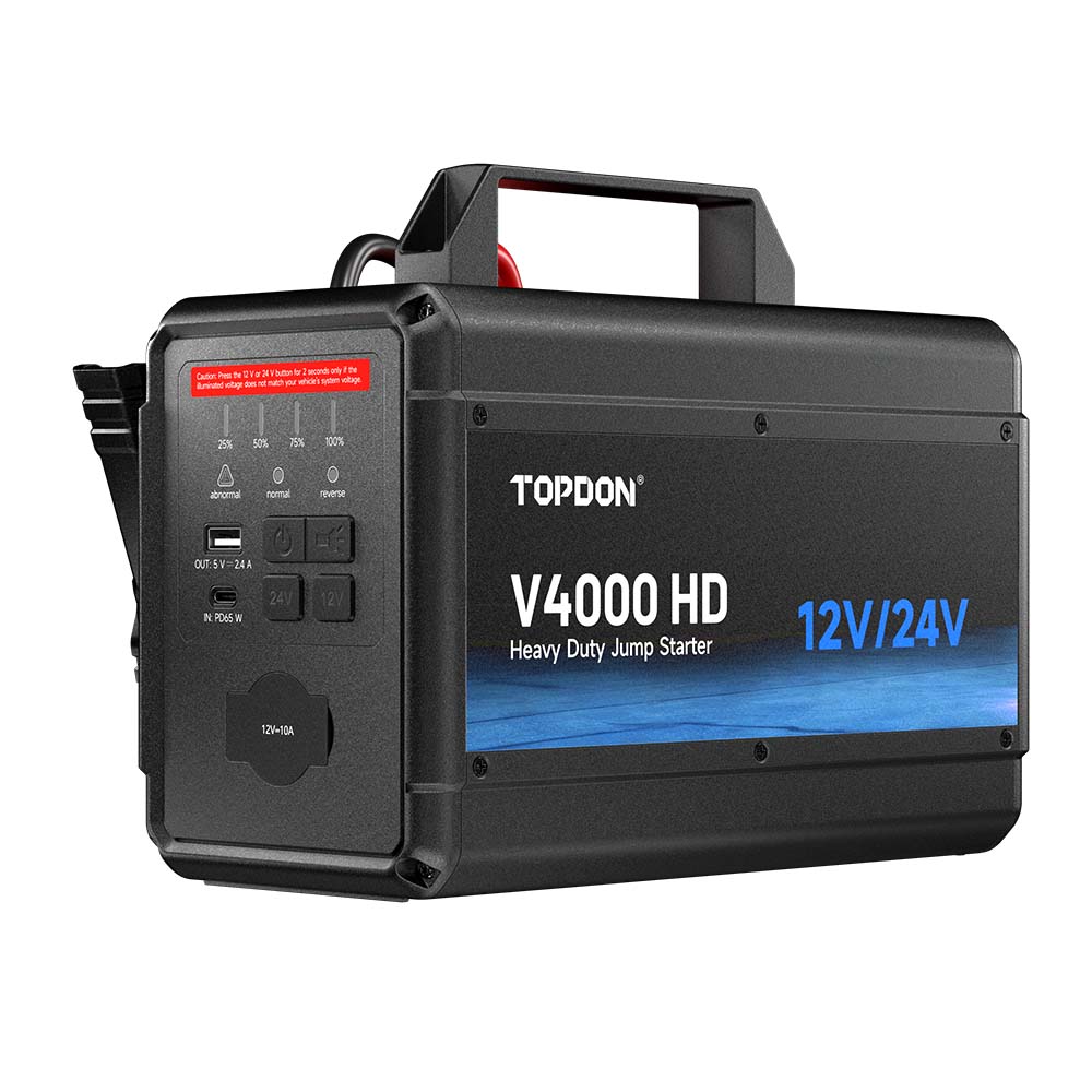Angled view of TOPDON V4000 HD showing the front label and side control panel