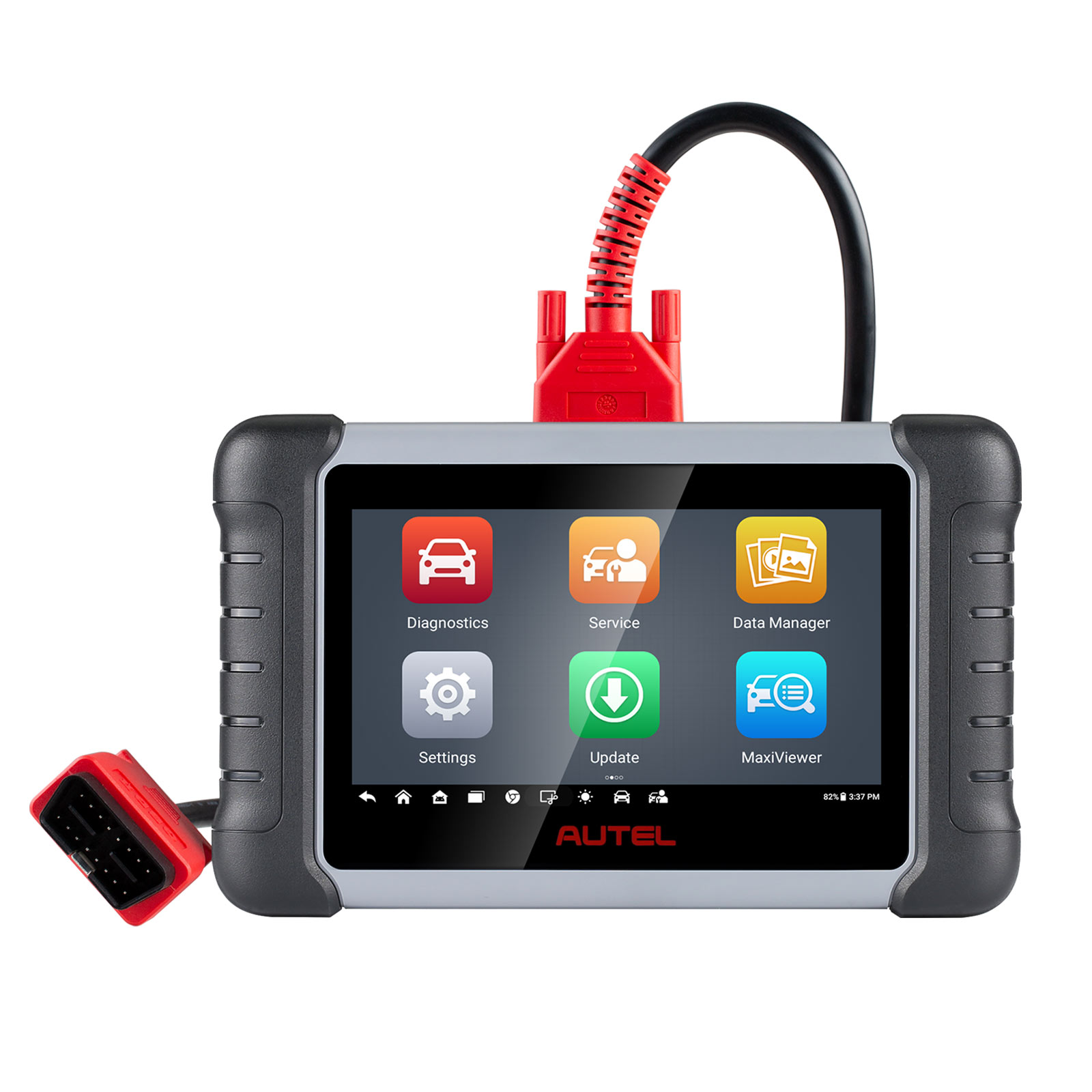 Autel MaxiCOM MK808S tablet connected to red OBD diagnostic cable