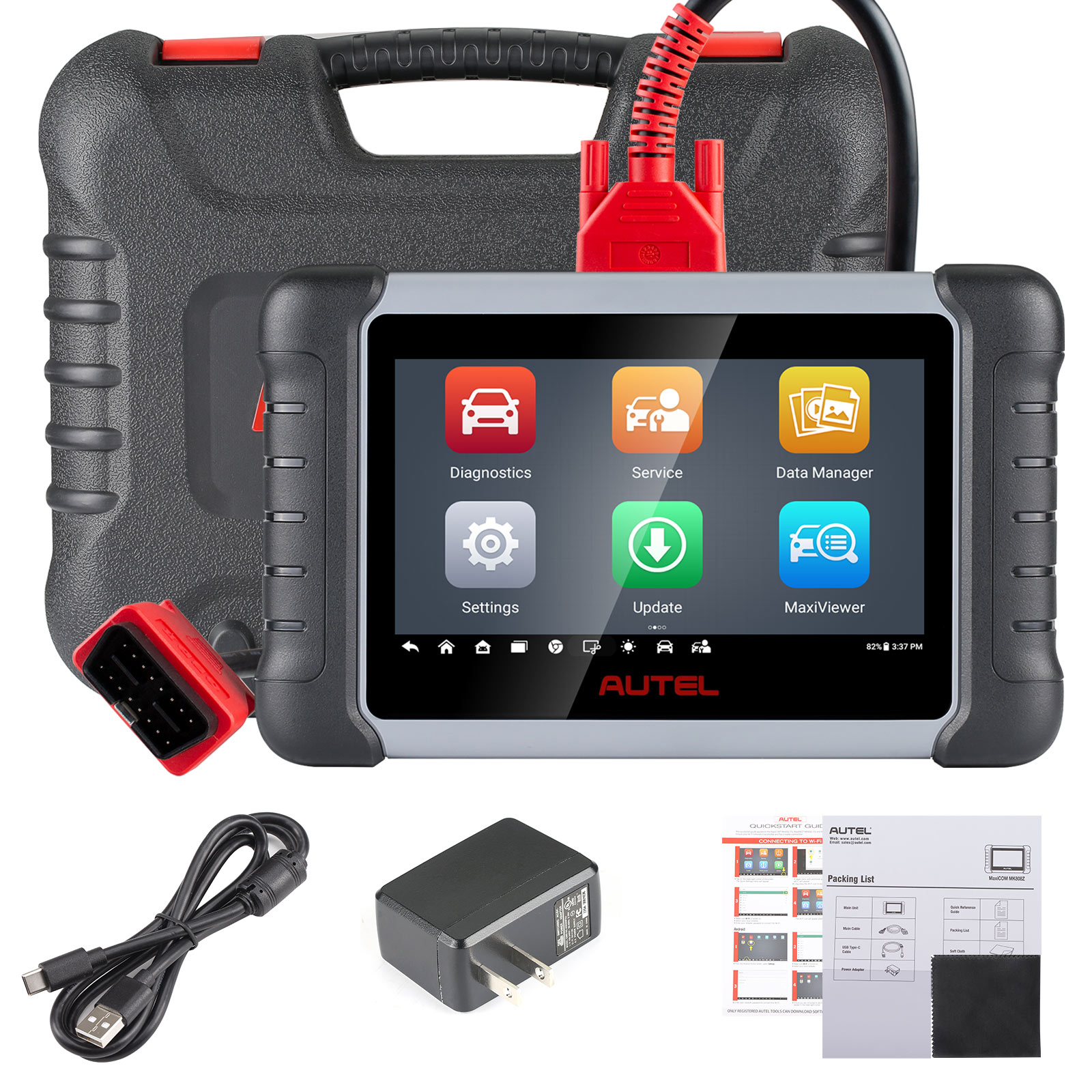 Autel diagnostic tablet, OBD cable, case, charger and printed packing documents