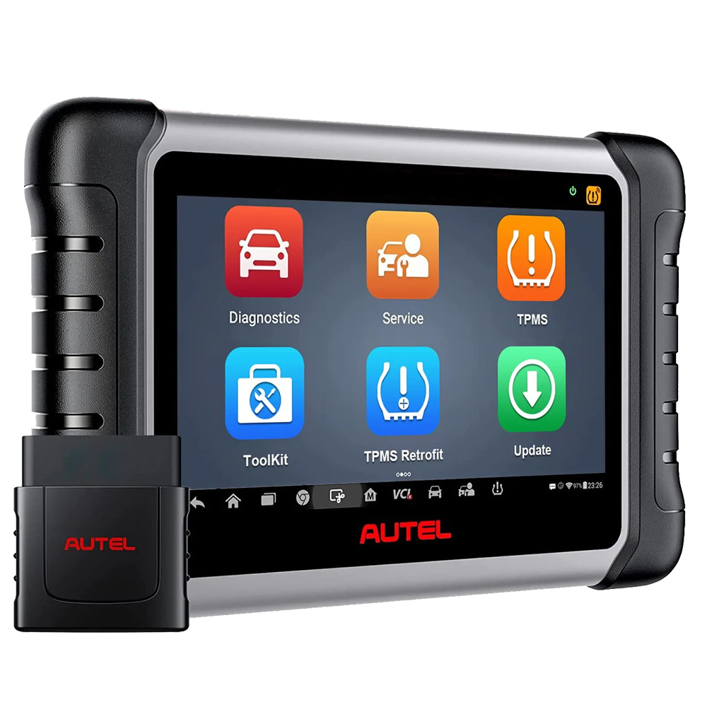 AUTEL MaxiCOM MK808S-TS wireless diagnostic tablet and MaxiVCI – angled view