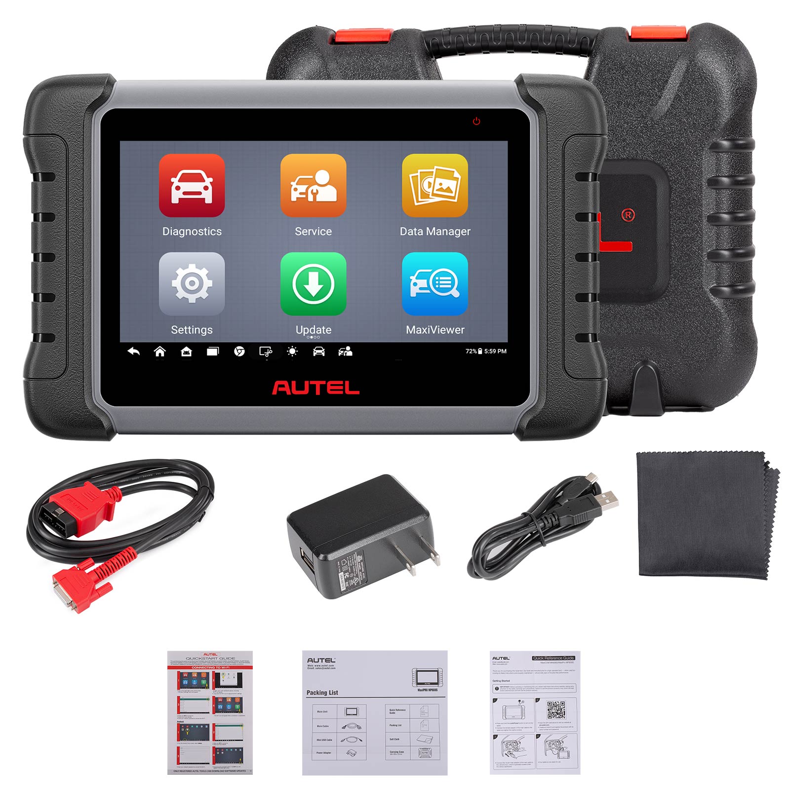 Autel MaxiPRO MP808S tablet, cables, power adapter and carrying case in package contents image