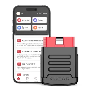 MUCAR BT200 Bluetooth OBD2 adapter beside its mobile app screen