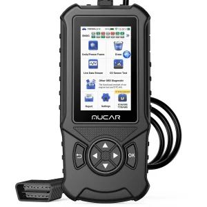 MUCAR CDE900 OBD2 scanner, front view with attached diagnostic cable on a white background