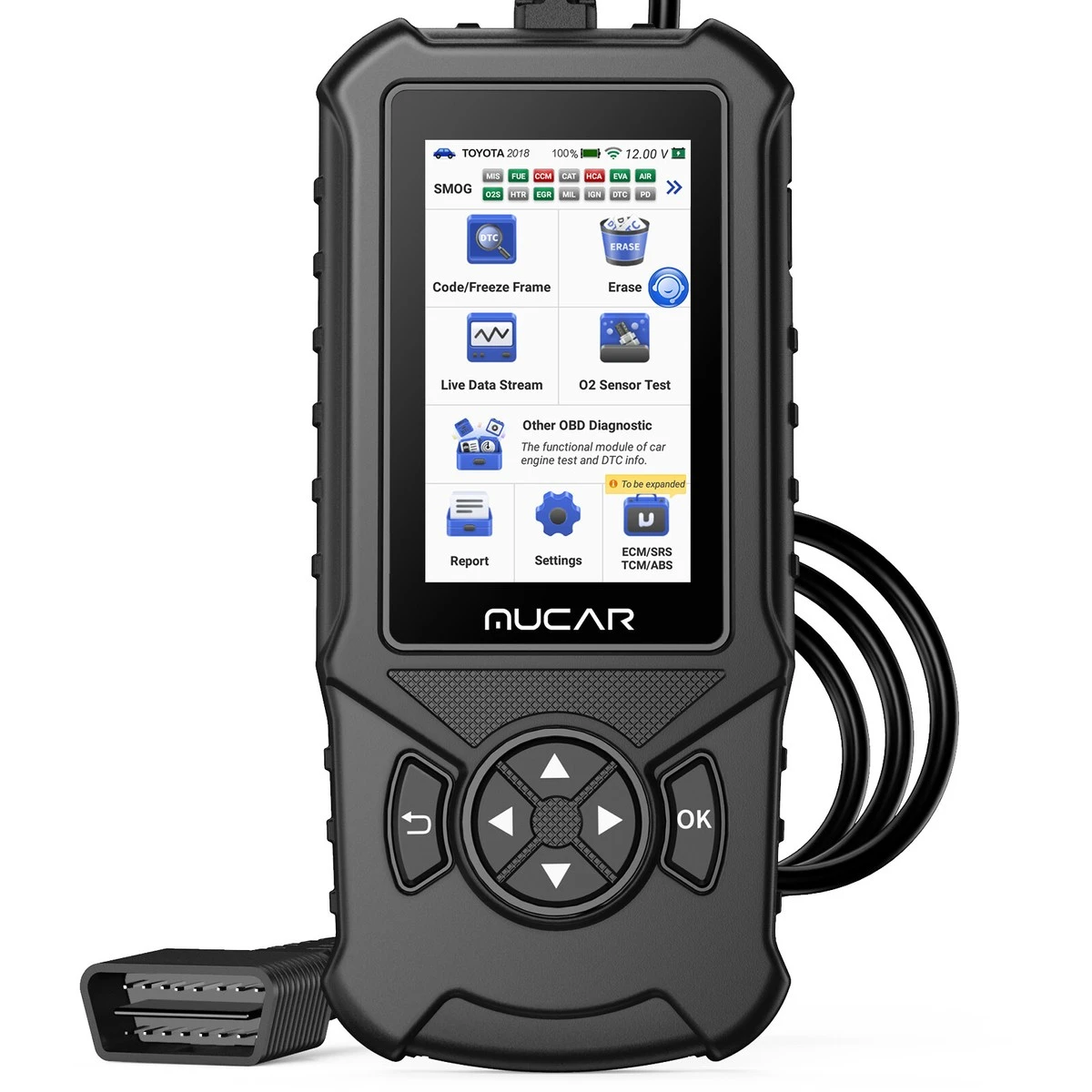MUCAR CDE900 OBD2 scanner, front view with attached diagnostic cable on a white background