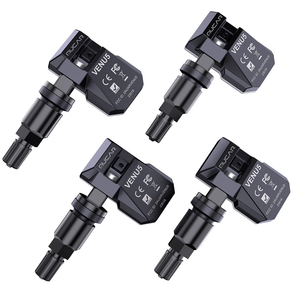 Four MUCAR VENU 5 programmable TPMS sensors on a white background