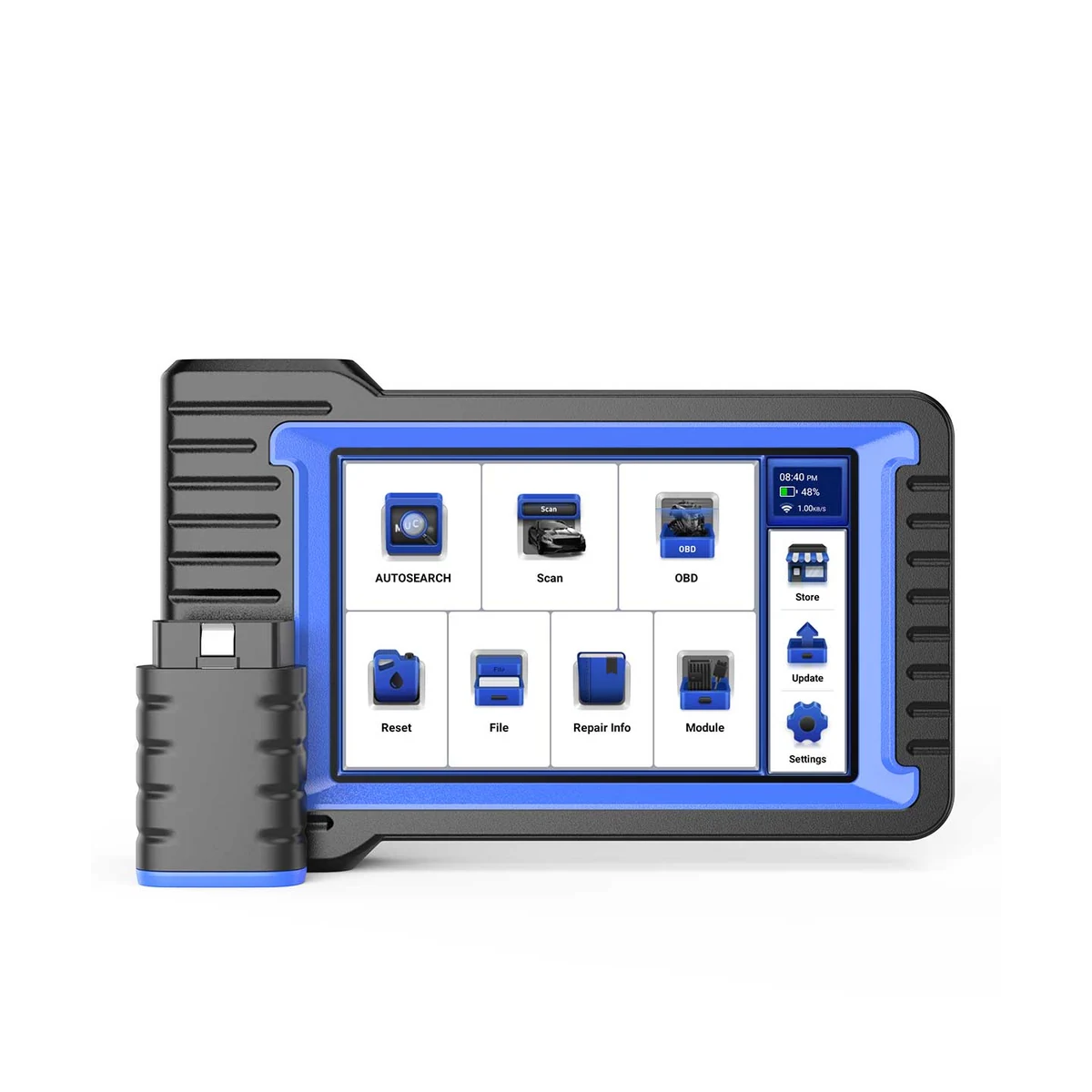 MUCAR VO7 diagnostic tablet and wireless connector, front view on white