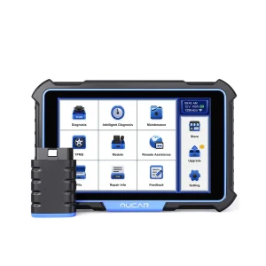 MUCAR VO8 diagnostic tablet with wireless diagnostic connector on white background