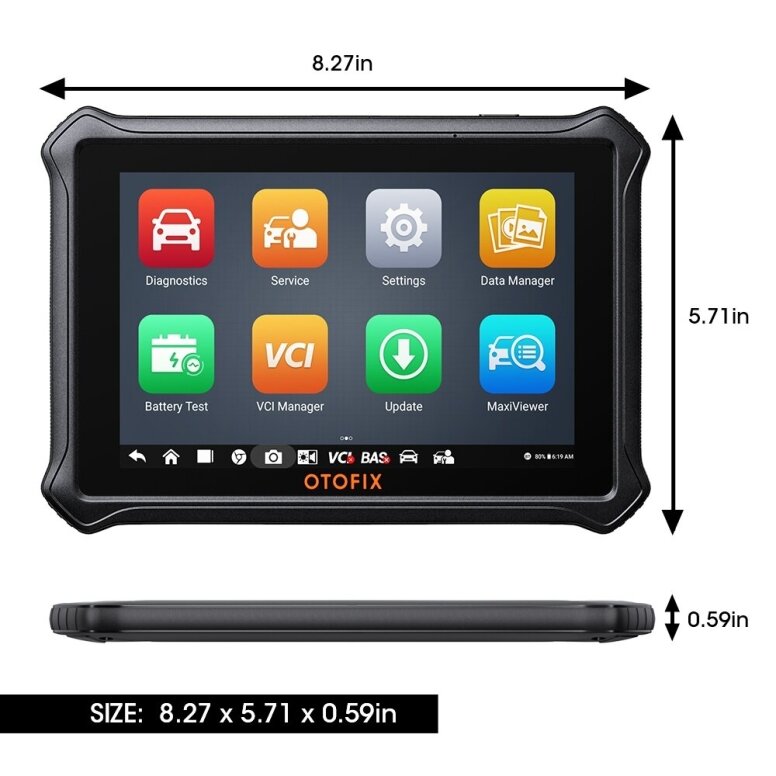 OTOFIX D1 tablet front and side views with dimensions