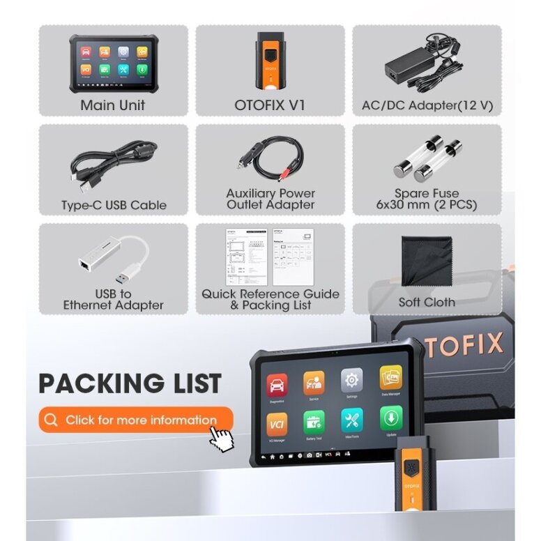 OTOFIX D1 ProS package contents including tablet, V1 interface, adapter, cables and carrying case