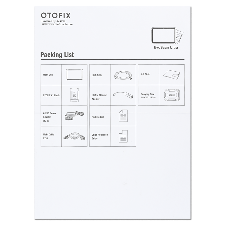 OTOFIX EvoScan Ultra printed packing list showing included accessories
